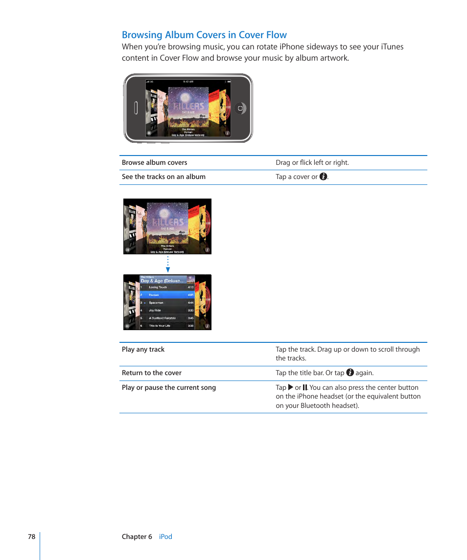 Browsing album covers in cover flow | Apple iPhone OS 3.1 User Manual | Page 78 / 217