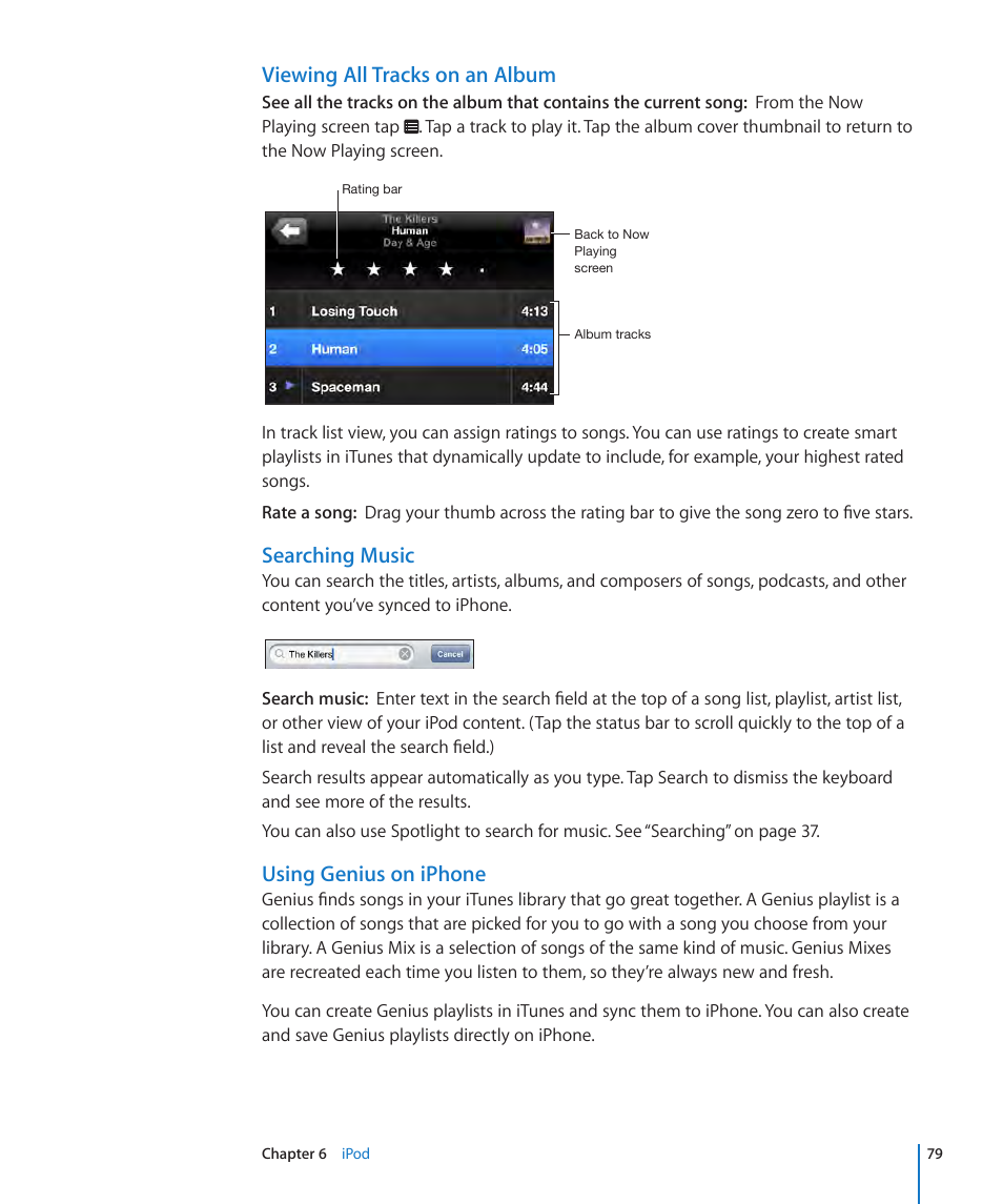 Using genius on iphone, Viewing all tracks on an album, Searching music | Apple iPhone OS 3.1 User Manual | Page 79 / 217