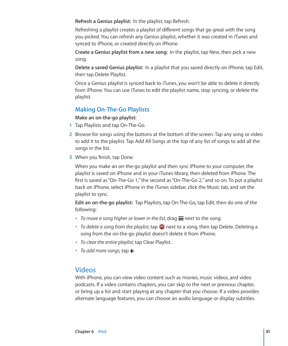 Videos, 81 videos, Making on-the-go playlists | Apple iPhone OS 3.1 User Manual | Page 81 / 217