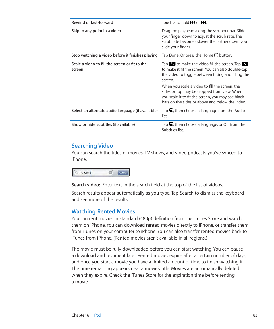 Searching video, Watching rented movies | Apple iPhone OS 3.1 User Manual | Page 83 / 217