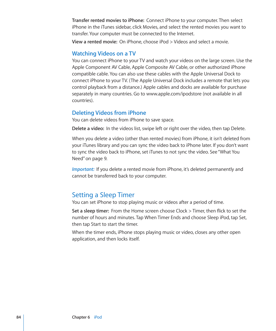 Setting a sleep timer, 84 setting a sleep timer | Apple iPhone OS 3.1 User Manual | Page 84 / 217