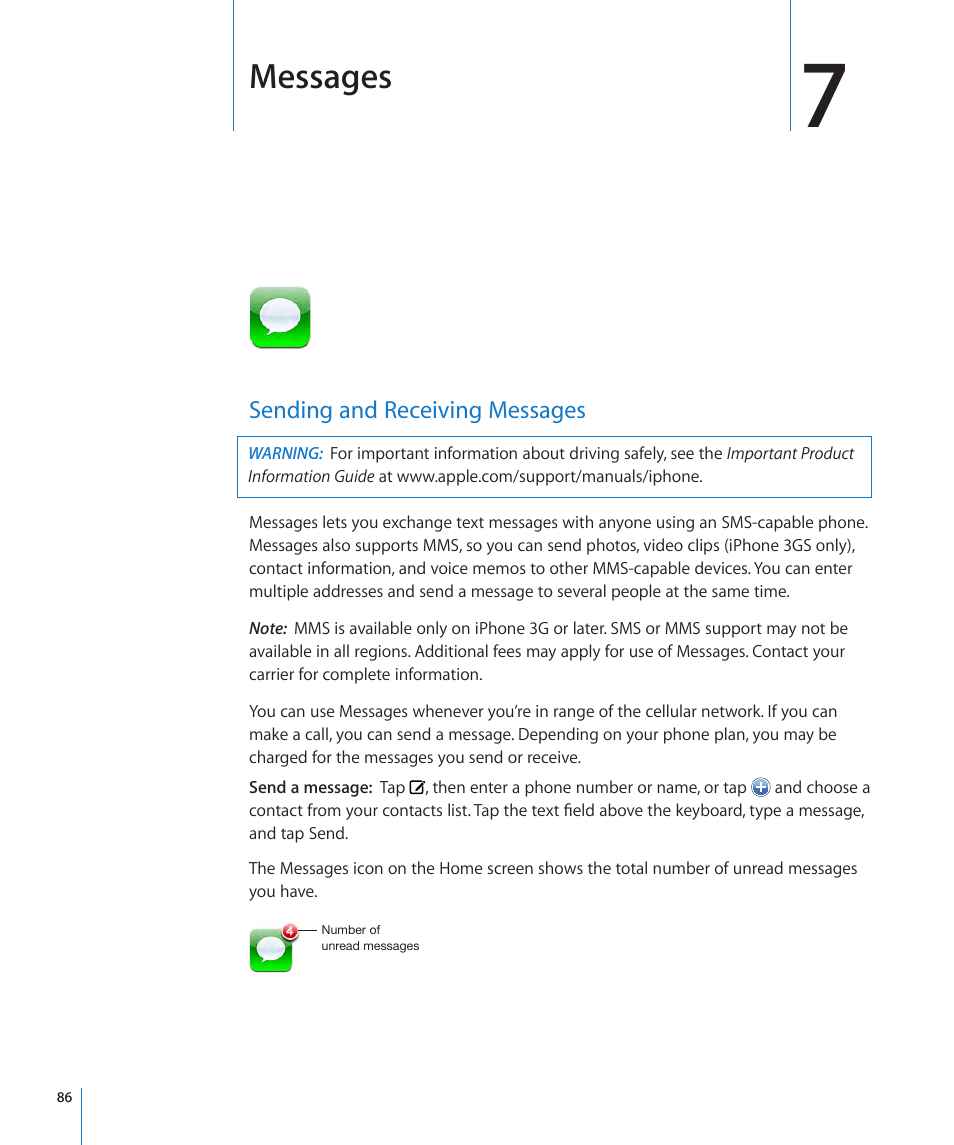 Chapter 7: messages, Sending and receiving messages, 86 sending and receiving messages | Messages | Apple iPhone OS 3.1 User Manual | Page 86 / 217