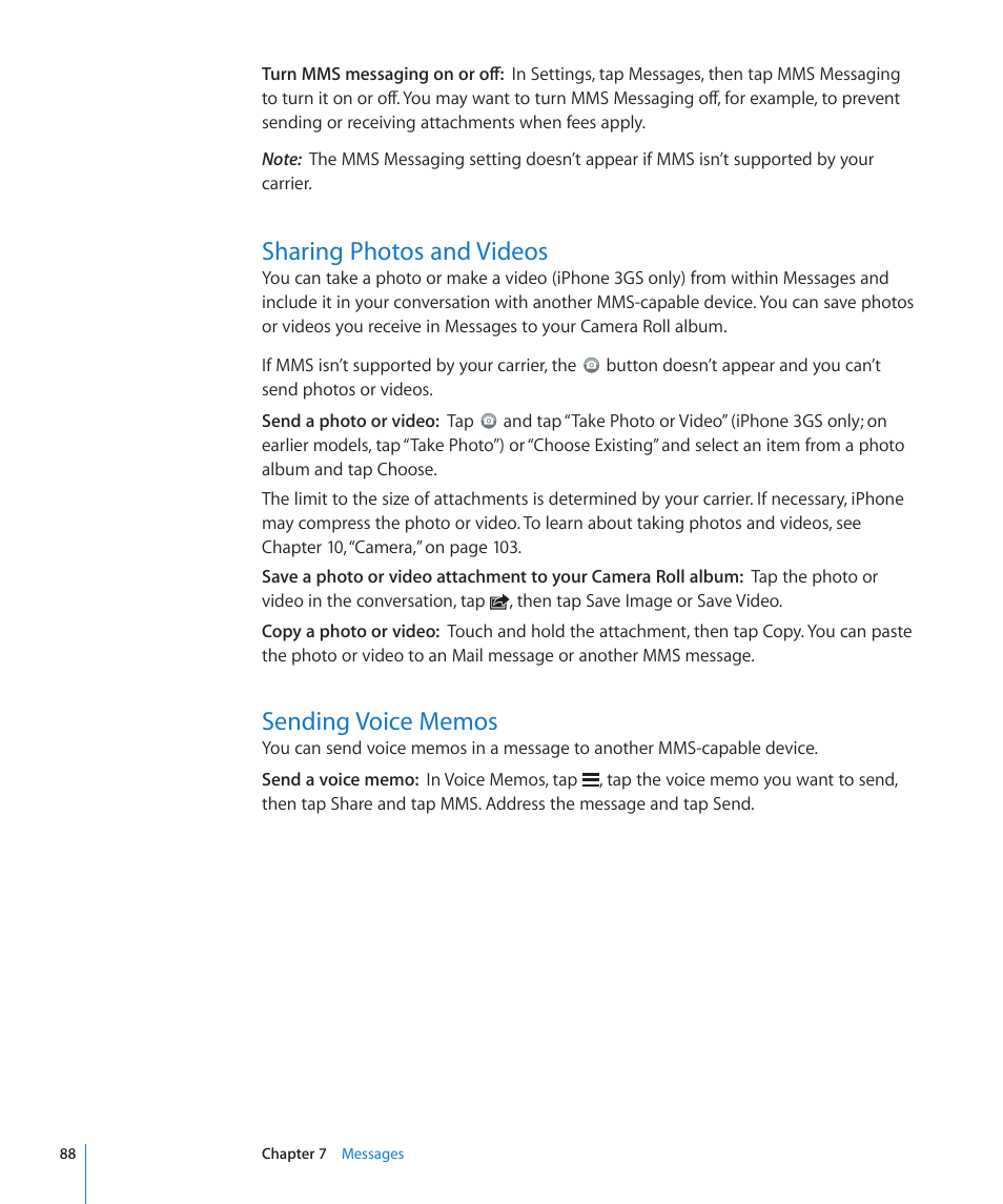 Sharing photos and videos, Sending voice memos | Apple iPhone OS 3.1 User Manual | Page 88 / 217