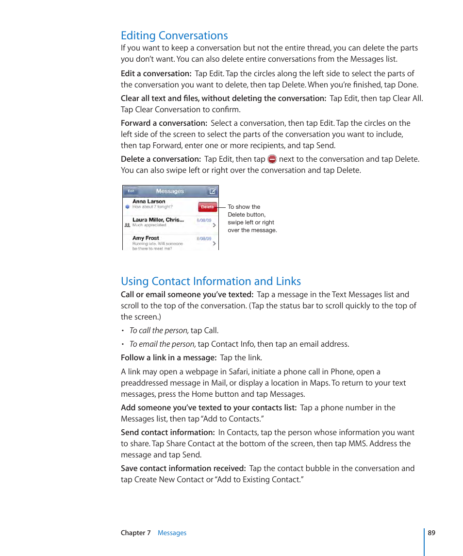 Editing conversations, Using contact information and links | Apple iPhone OS 3.1 User Manual | Page 89 / 217