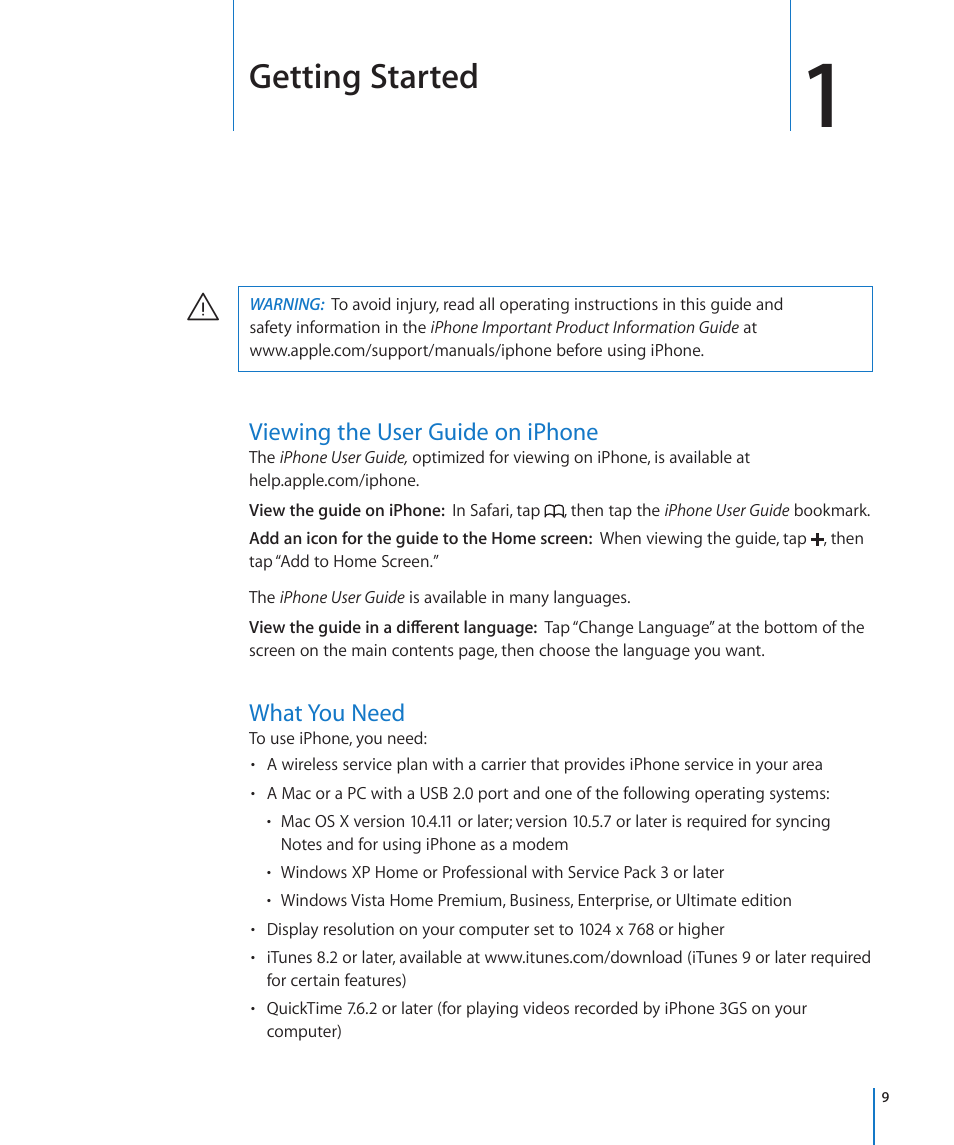 Chapter 1: getting started, Viewing the user guide on iphone, What you need | Getting started | Apple iPhone OS 3.1 User Manual | Page 9 / 217