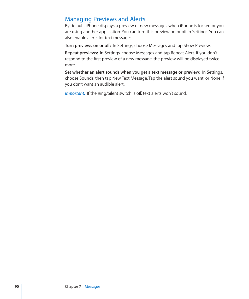 Managing previews and alerts, 90 managing previews and alerts | Apple iPhone OS 3.1 User Manual | Page 90 / 217