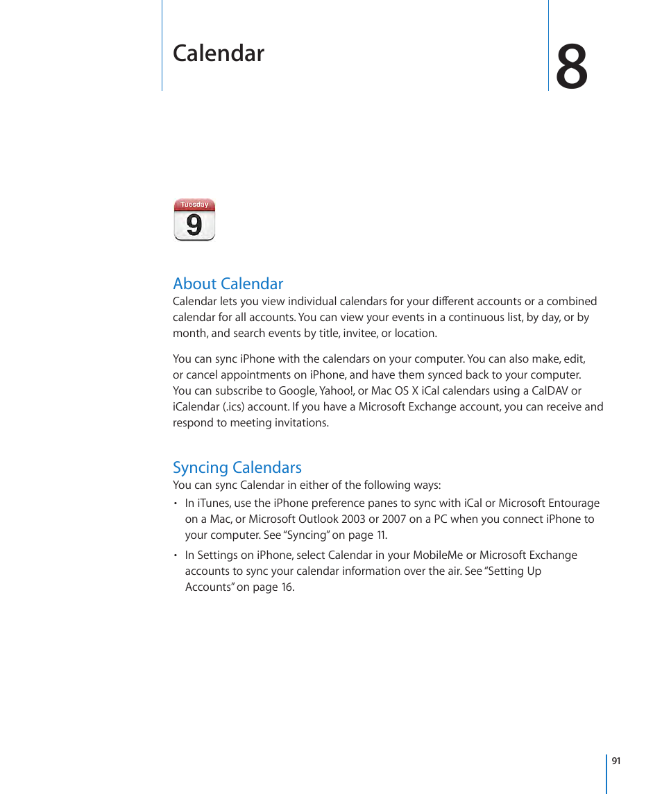 Chapter 8: calendar, About calendar, Syncing calendars | 91 about calendar 91 syncing calendars, Calendar | Apple iPhone OS 3.1 User Manual | Page 91 / 217