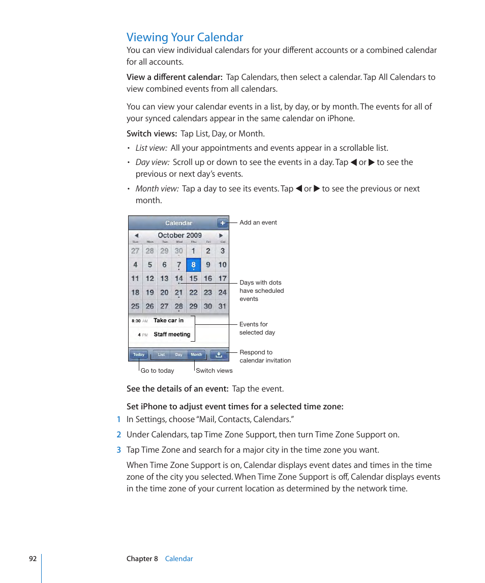 Viewing your calendar, 92 viewing your calendar | Apple iPhone OS 3.1 User Manual | Page 92 / 217