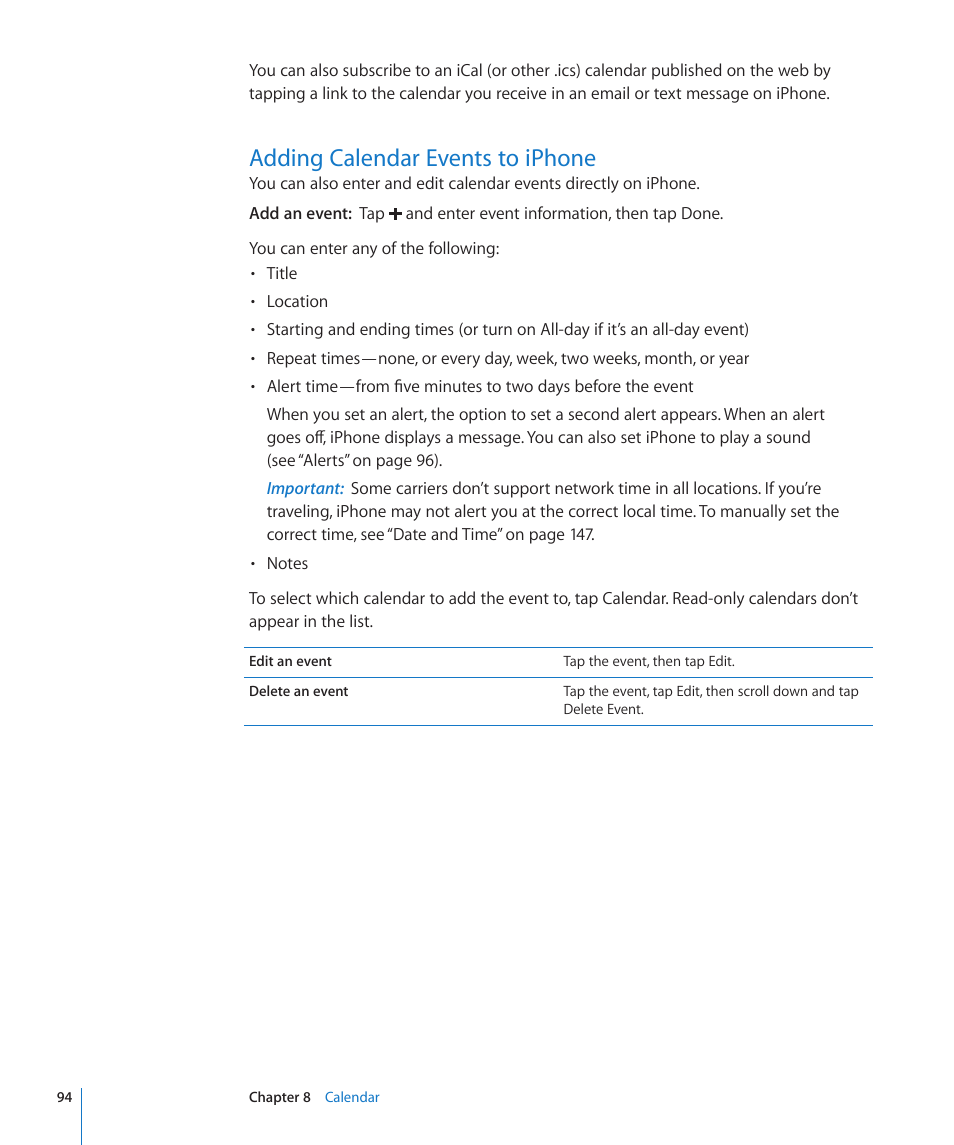 Adding calendar events to iphone, 94 adding calendar events to iphone | Apple iPhone OS 3.1 User Manual | Page 94 / 217