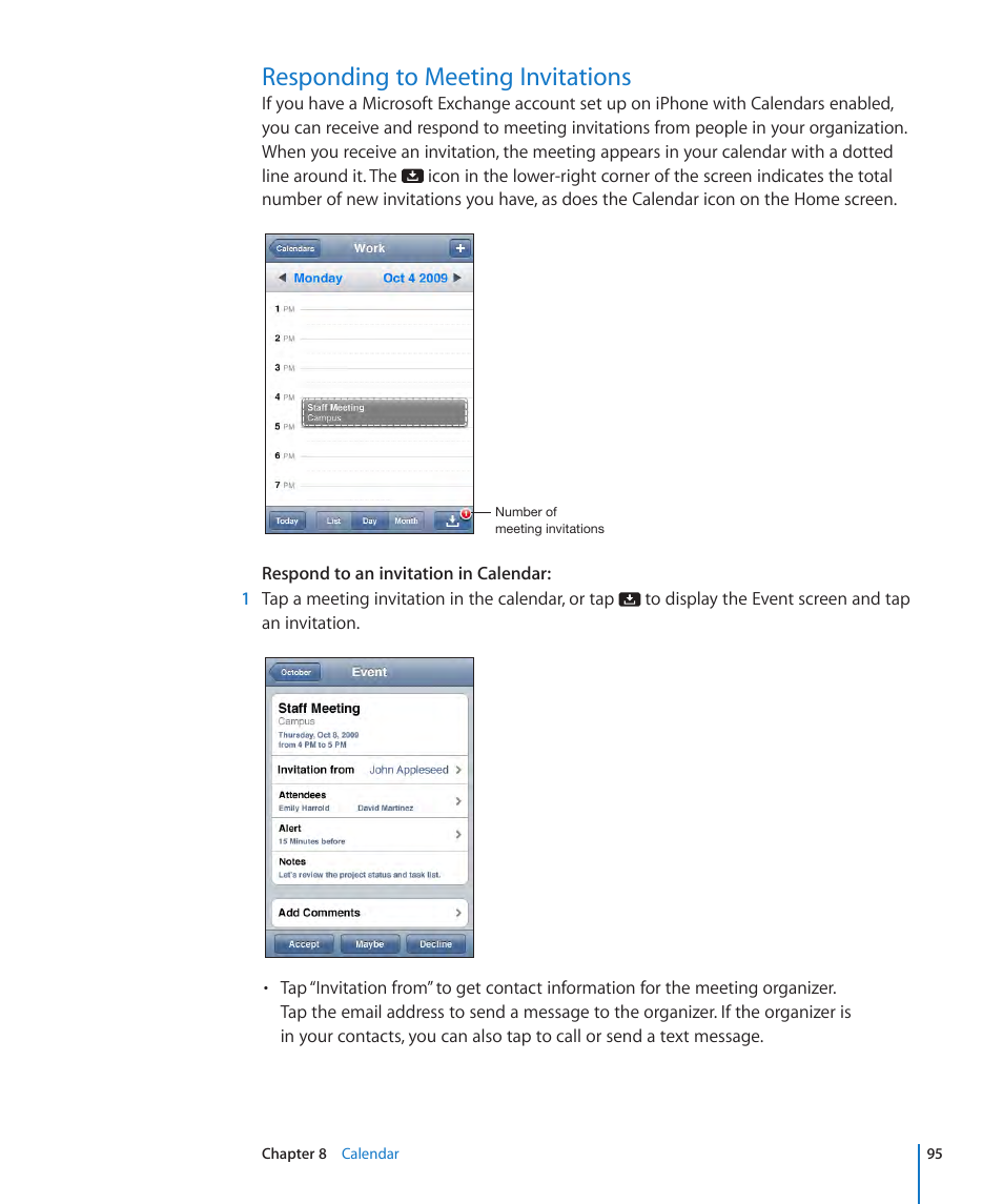 Responding to meeting invitations, 95 responding to meeting invitations | Apple iPhone OS 3.1 User Manual | Page 95 / 217