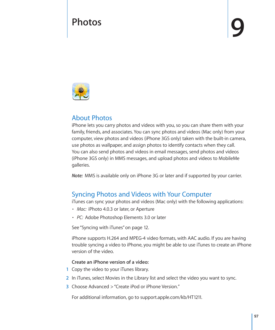 Chapter 9: photos, About photos, Syncing photos and videos with your computer | Photos | Apple iPhone OS 3.1 User Manual | Page 97 / 217