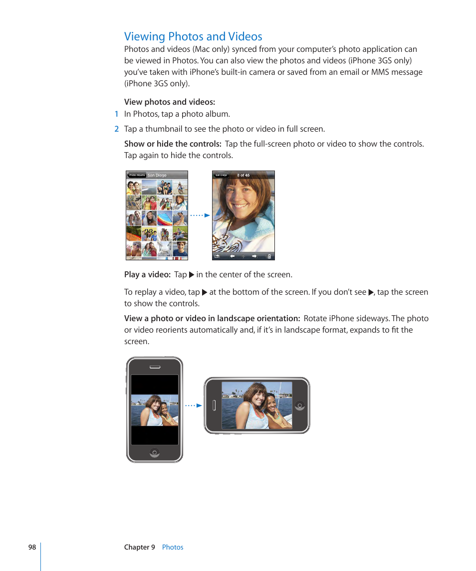 Viewing photos and videos, 98 viewing photos and videos | Apple iPhone OS 3.1 User Manual | Page 98 / 217