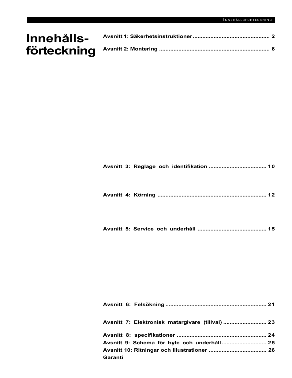Innehållsförteckning, Innehålls- förteckning | Echo 72854s User Manual | Page 170 / 206