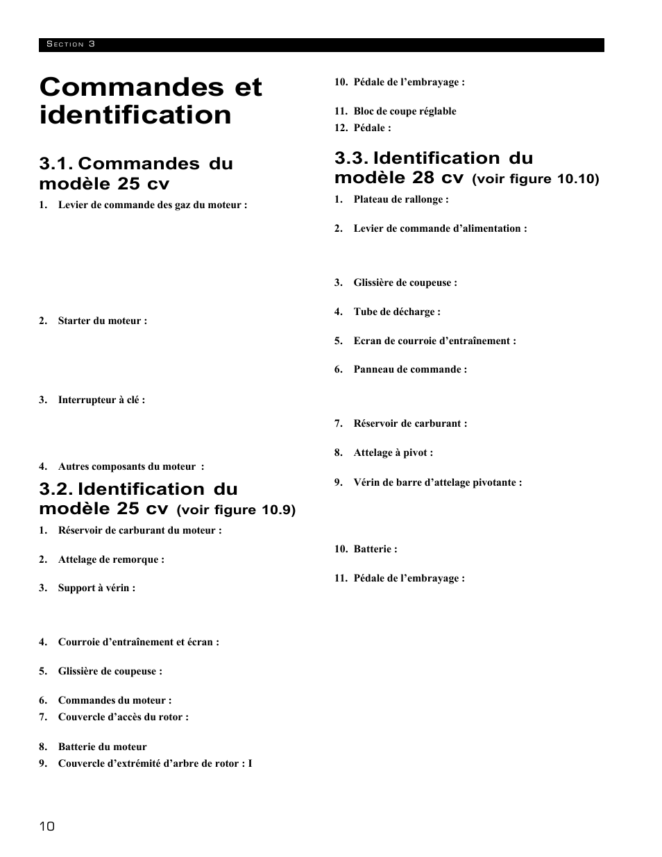 Commandes et identification, Commandes du modèle 25 cv, Identification du modèle 25 cv | Identification du modèle 28 cv | Echo 72854s User Manual | Page 47 / 206