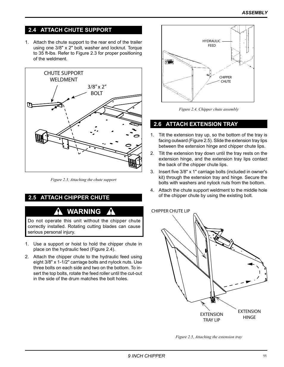 4 attach chute support, 5 attach chipper chute, 6 attach extension tray | Warning | Echo 72928 Owners Manual v.6 User Manual | Page 13 / 33