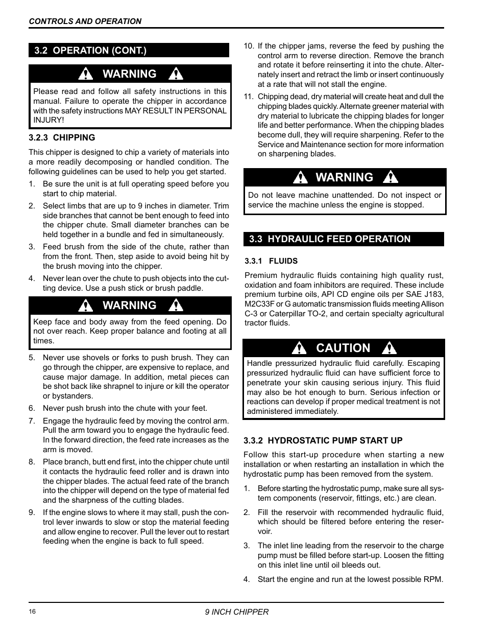 2 operation (cont.), 3 hydraulic feed operation, 2 operation (cont.) 3.3 hydraulic feed operation | Warning, Caution | Echo 72928 Owners Manual v.6 User Manual | Page 18 / 33