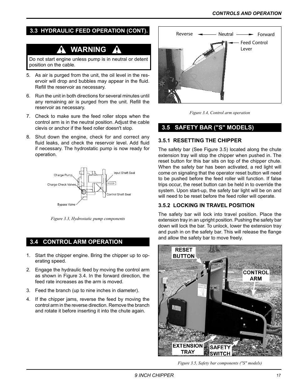 3 hydraulic feed operation (cont), 4 control arm operation, 5 safety bar ("s" models) | Warning | Echo 72928 Owners Manual v.6 User Manual | Page 19 / 33