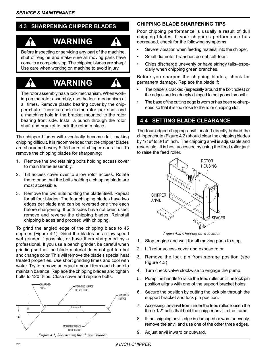 3 sharpening chipper blades, 4 setting blade clearance, Warning | Echo 72928 Owners Manual v.6 User Manual | Page 24 / 33