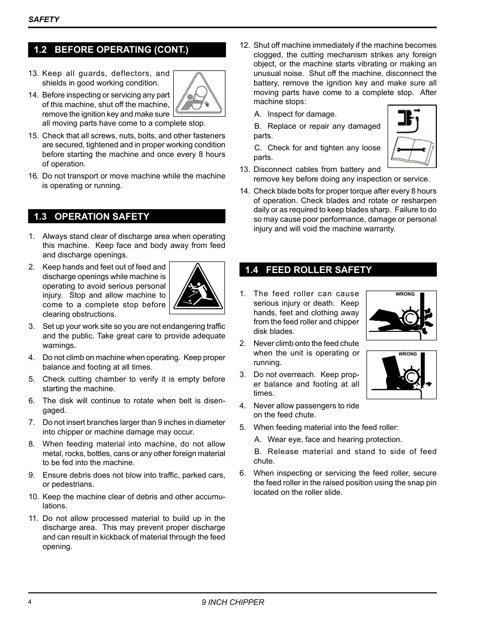 2 before operating (cont.), 3 operation safety, 4 feed roller safety | Echo 72928 Owners Manual v.6 User Manual | Page 6 / 33