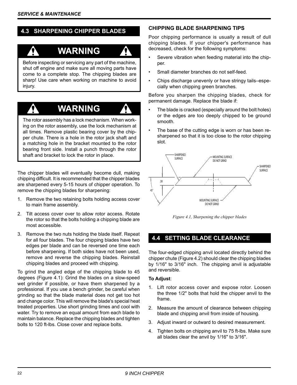 3 sharpening chipper blades, 4 setting blade clearance, Warning | Echo 72928 Owners Manual v.5 User Manual | Page 24 / 33