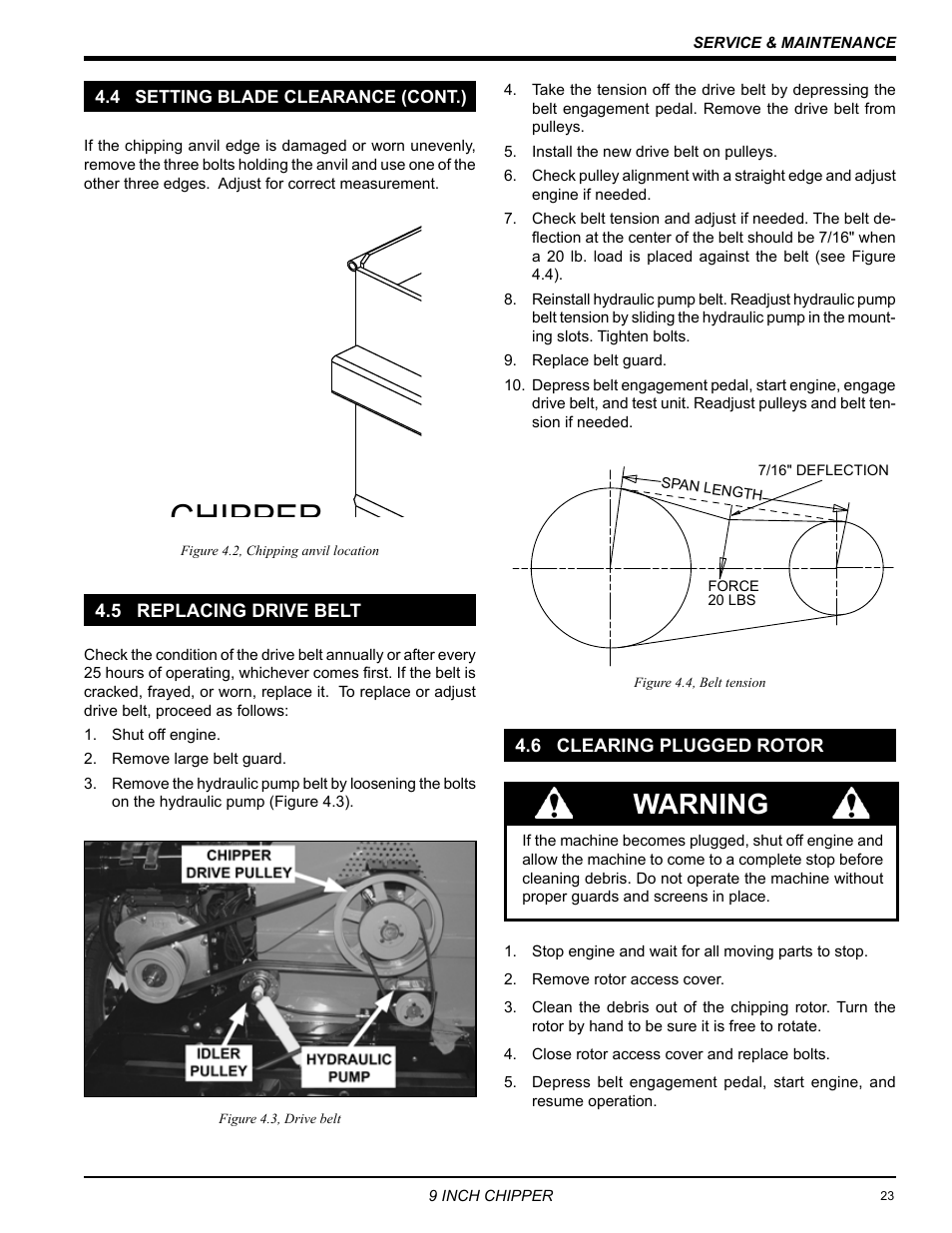 4 setting blade clearance (cont.), 5 replacing drive belt, 6 clearing plugged rotor | Chipper anvil spacer rotor housing, Warning | Echo 72928 Owners Manual v.5 User Manual | Page 25 / 33