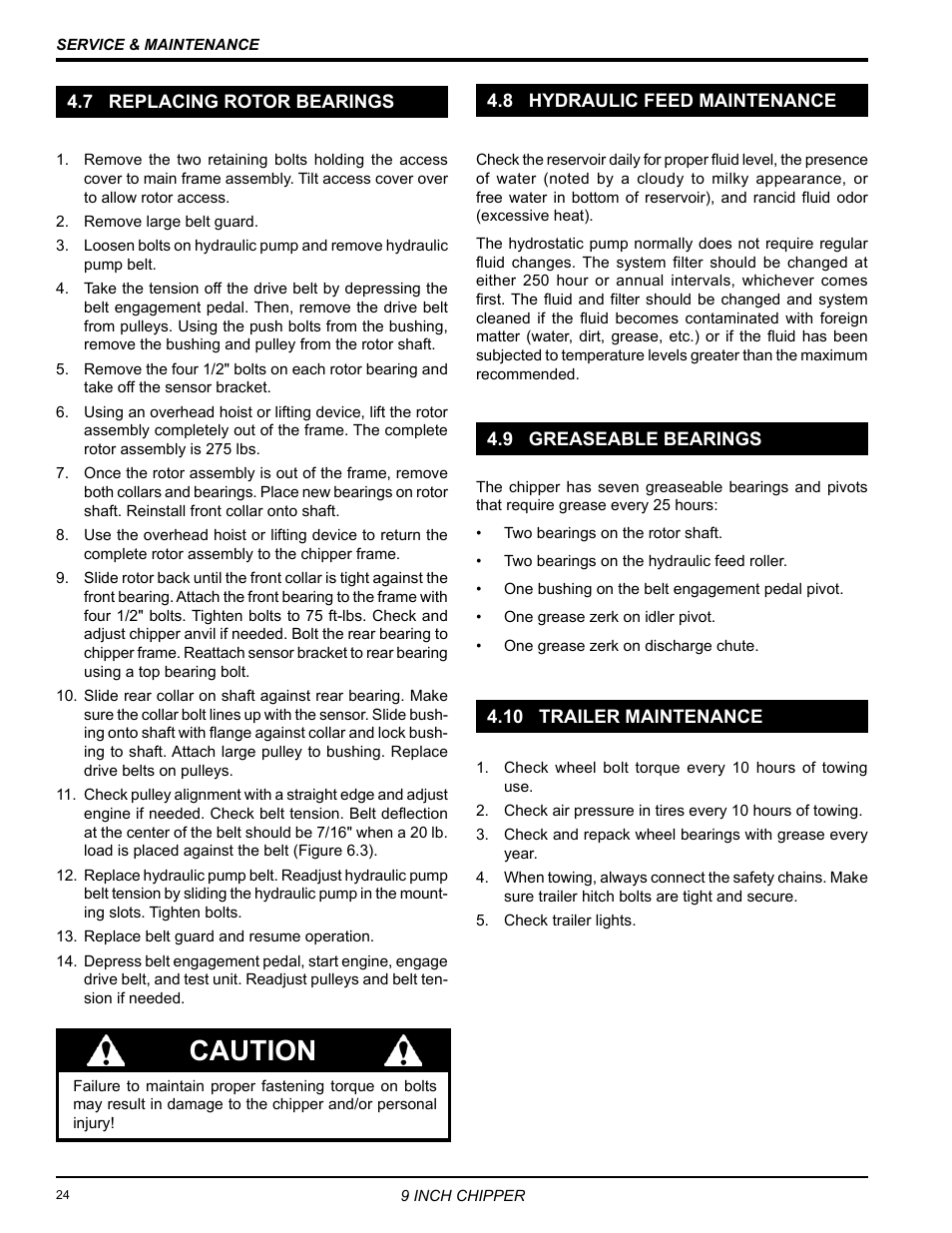 7 replacing rotor bearings, 8 hydraulic feed maintenance, 9 greaseable bearings | 10 trailer maintenance, Caution | Echo 72928 Owners Manual v.5 User Manual | Page 26 / 33