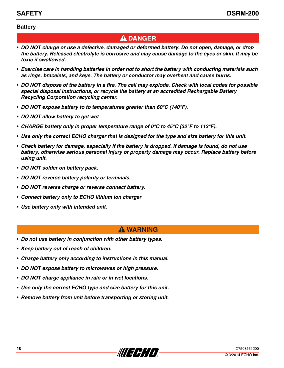 Battery, Safety dsrm-200 | Echo DSRM-200 User Manual | Page 10 / 28