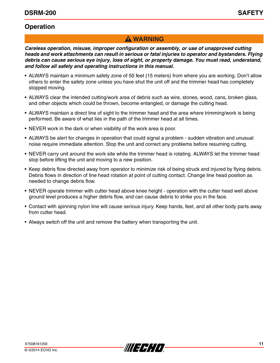 Operation, Dsrm-200 safety | Echo DSRM-200 User Manual | Page 11 / 28
