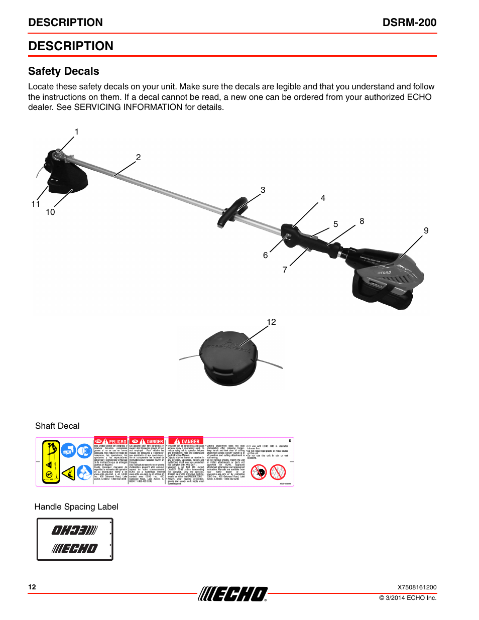 Description, Safety decals, Description dsrm-200 | Echo DSRM-200 User Manual | Page 12 / 28