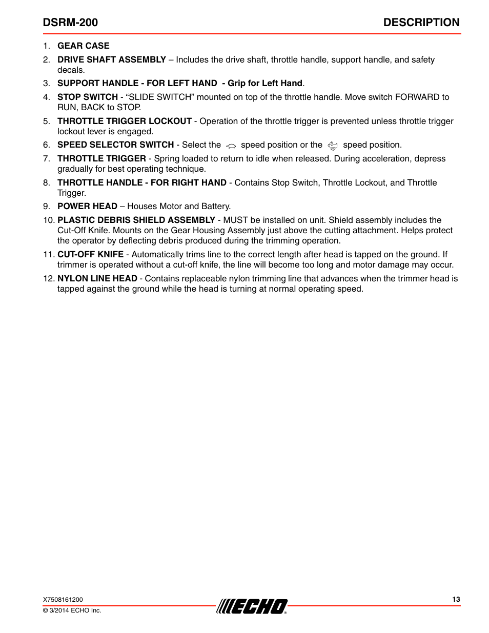 Dsrm-200 description | Echo DSRM-200 User Manual | Page 13 / 28