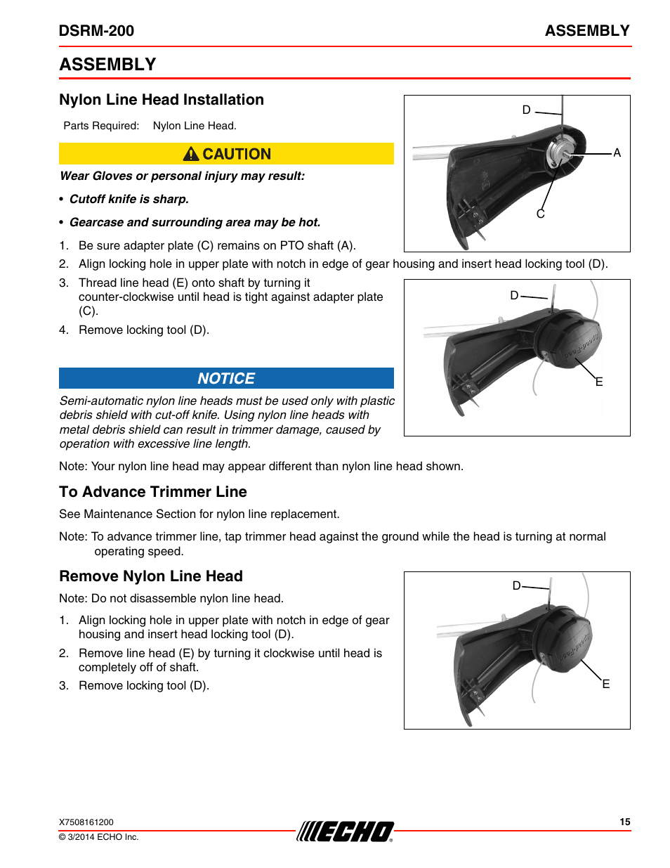 Assembly, Nylon line head installation, To advance trimmer line | Remove nylon line head, Dsrm-200 assembly | Echo DSRM-200 User Manual | Page 15 / 28