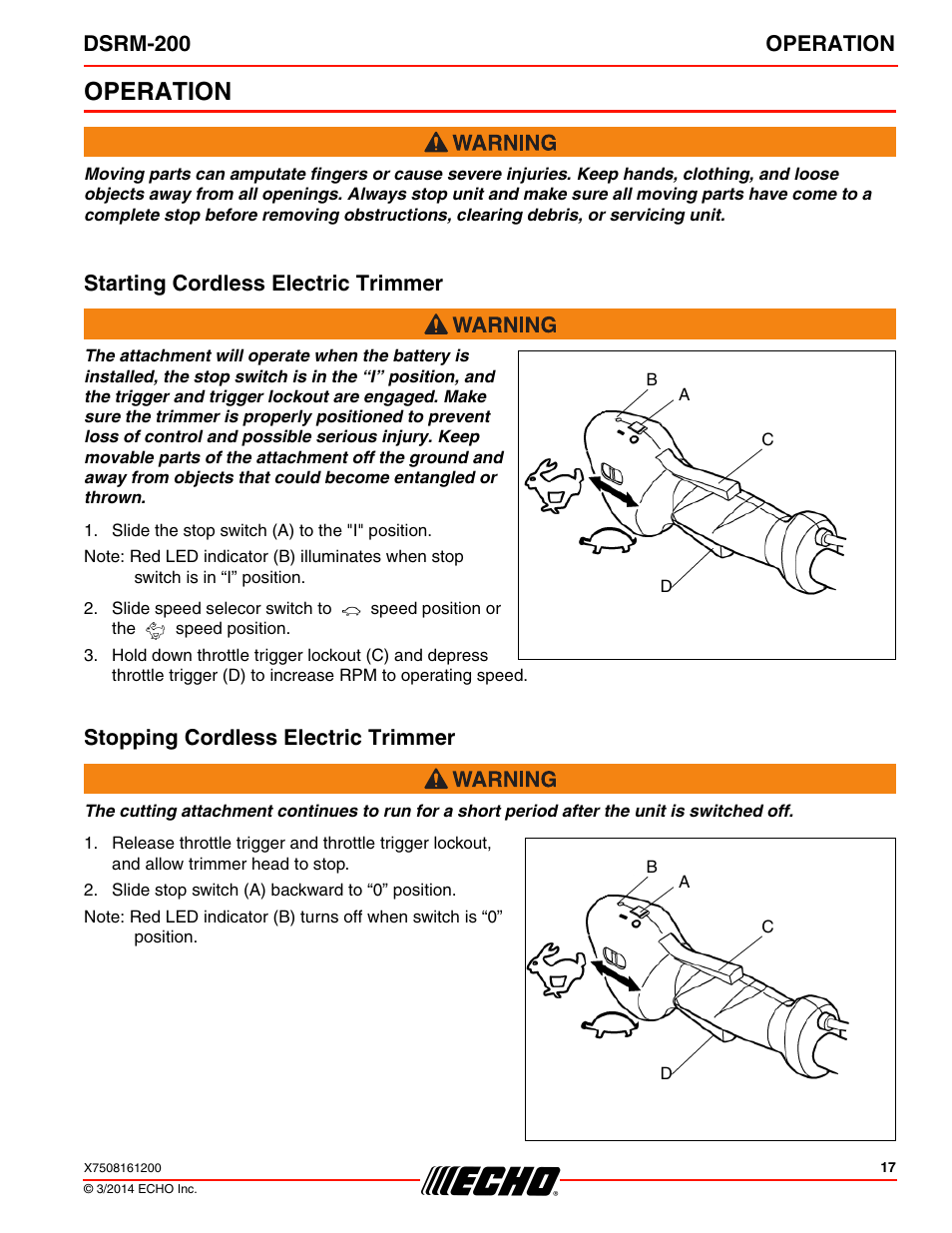 Operation, Starting cordless electric trimmer, Stopping cordless electric trimmer | Dsrm-200 operation | Echo DSRM-200 User Manual | Page 17 / 28