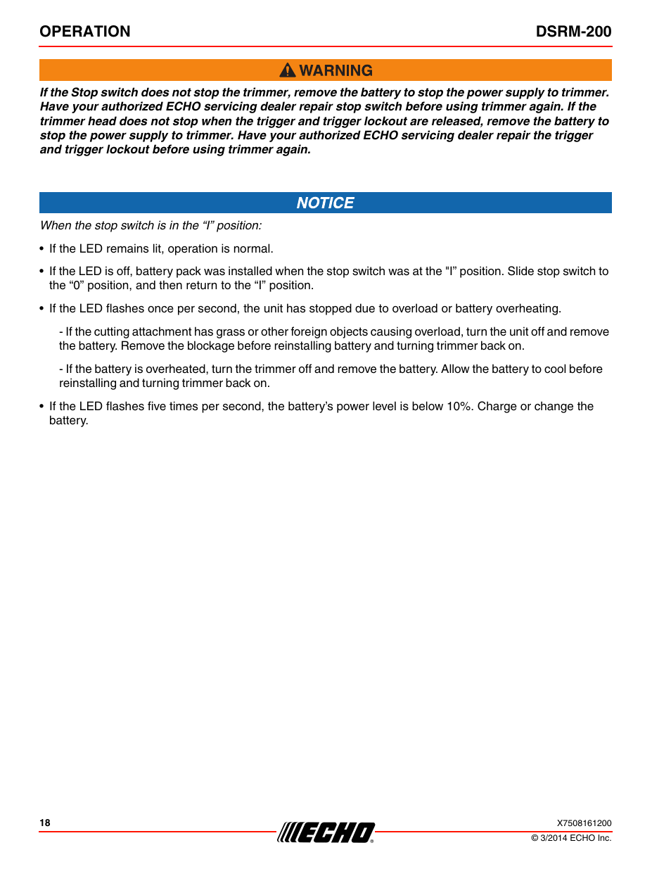 Operation dsrm-200 | Echo DSRM-200 User Manual | Page 18 / 28