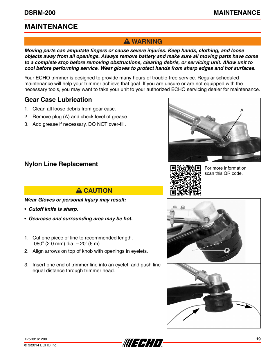 Maintenance, Gear case lubrication, Nylon line replacement | Gear case lubrication nylon line replacement, Dsrm-200 maintenance | Echo DSRM-200 User Manual | Page 19 / 28