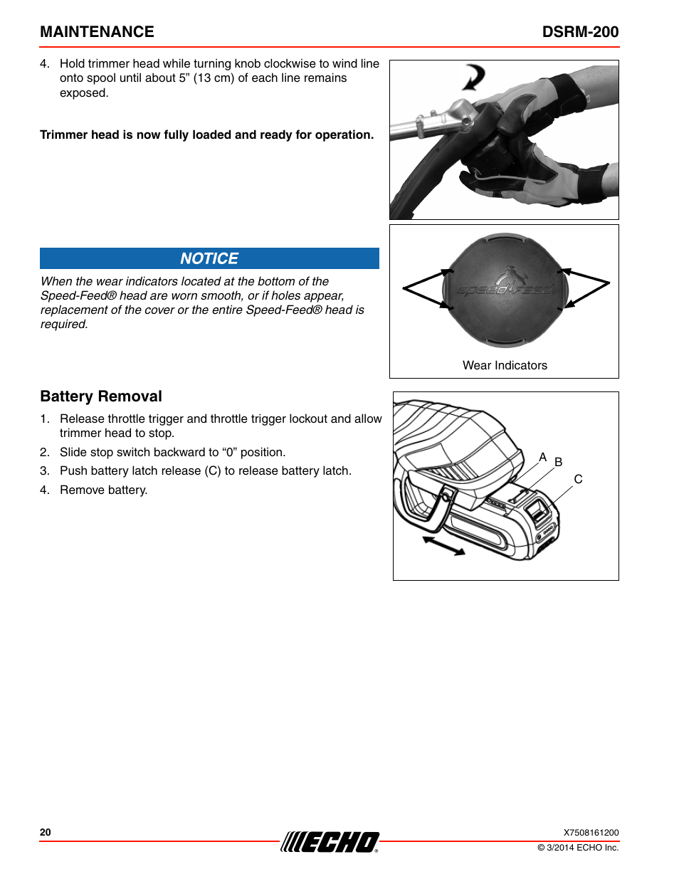 Battery removal, Maintenance dsrm-200 | Echo DSRM-200 User Manual | Page 20 / 28