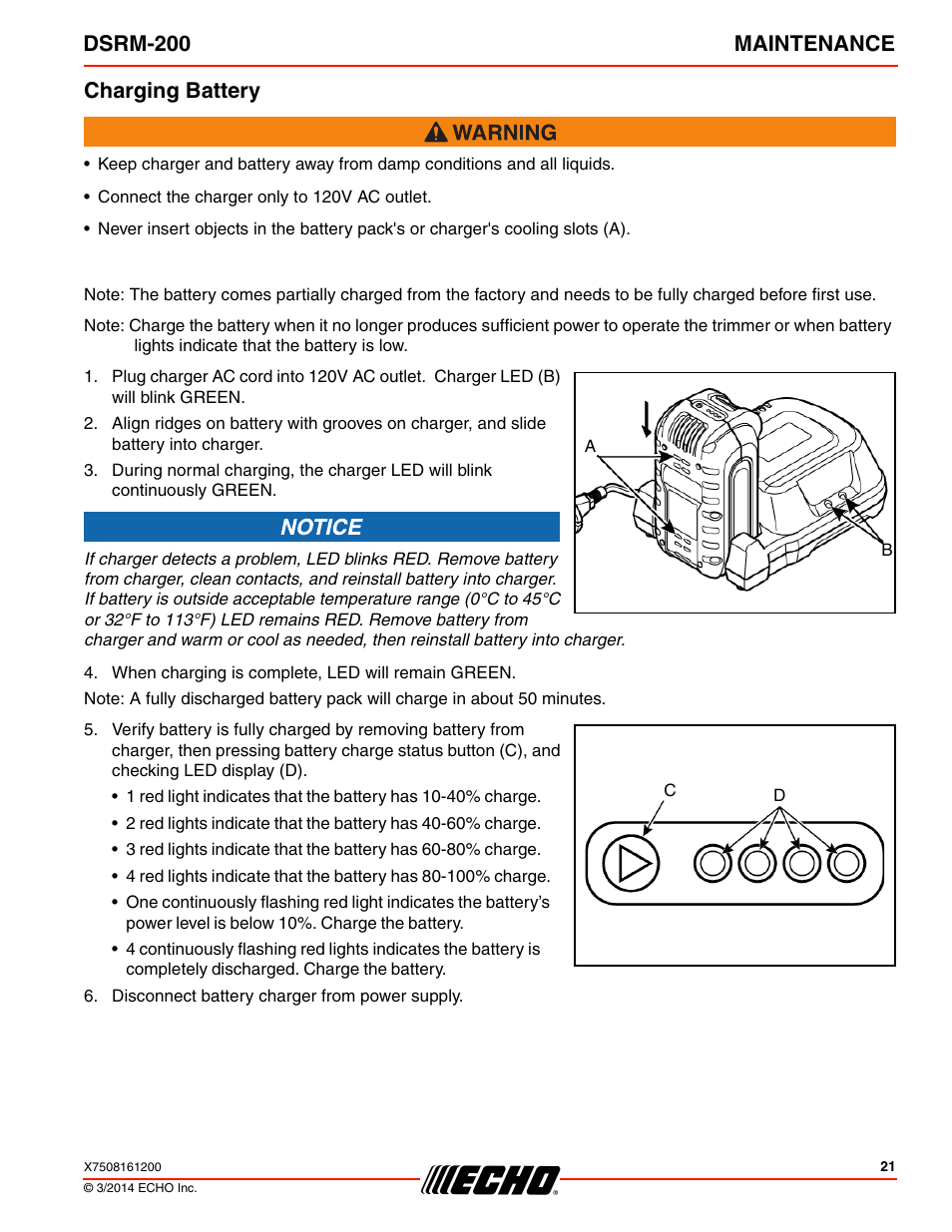 Charging battery, Dsrm-200 maintenance | Echo DSRM-200 User Manual | Page 21 / 28