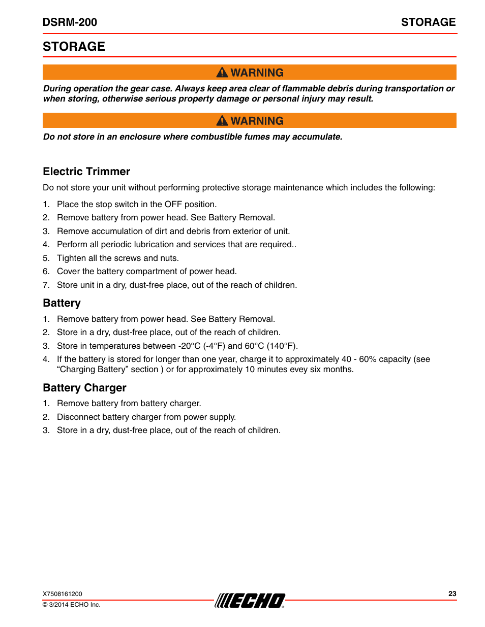 Storage, Electric trimmer, Battery | Battery charger, Electric trimmer battery battery charger, Dsrm-200 storage | Echo DSRM-200 User Manual | Page 23 / 28