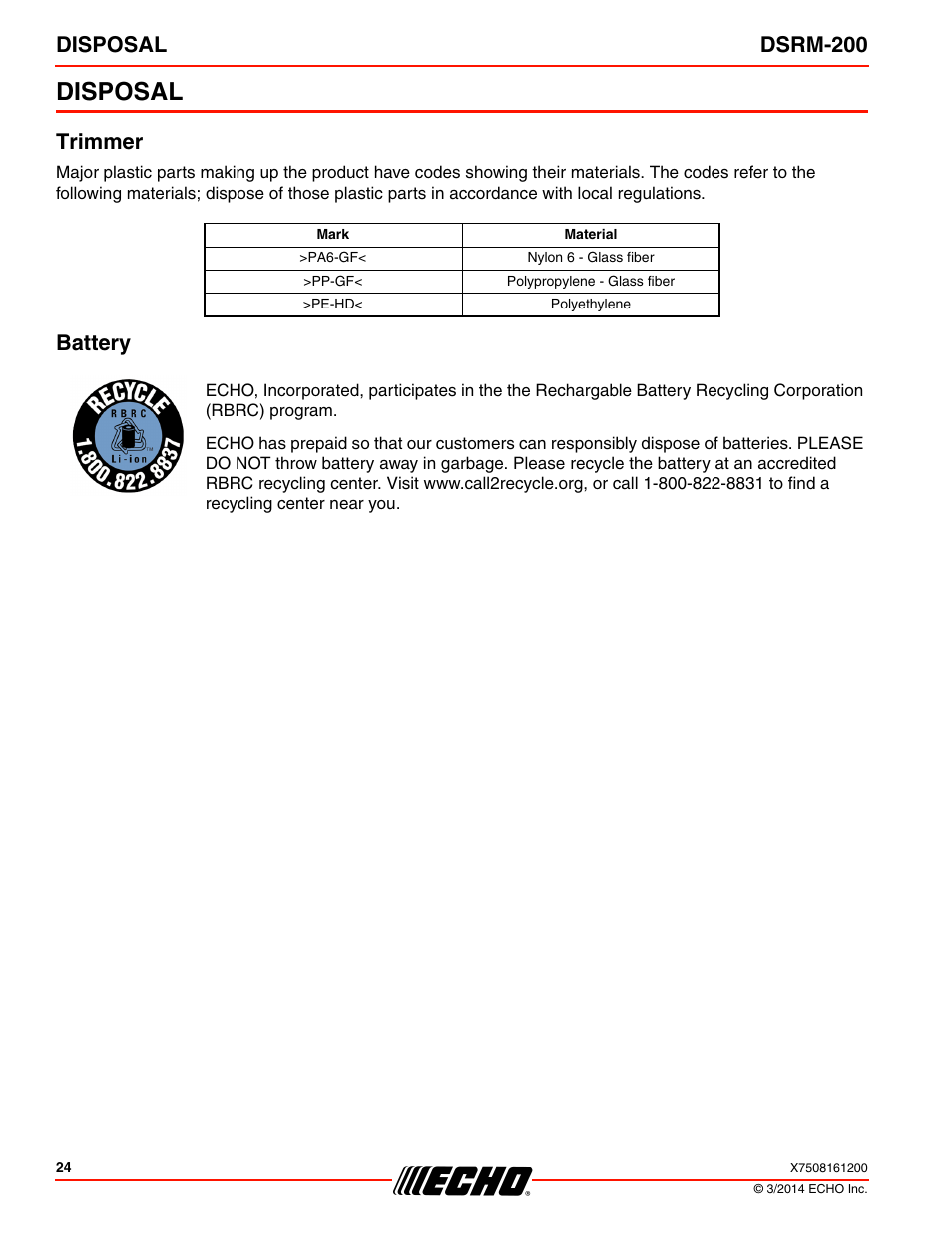 Disposal, Trimmer, Battery | Trimmer battery, Disposal dsrm-200 | Echo DSRM-200 User Manual | Page 24 / 28