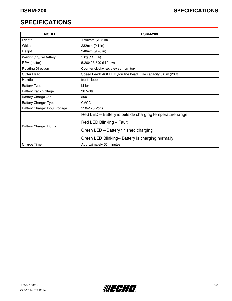Specifications, Dsrm-200 specifications | Echo DSRM-200 User Manual | Page 25 / 28