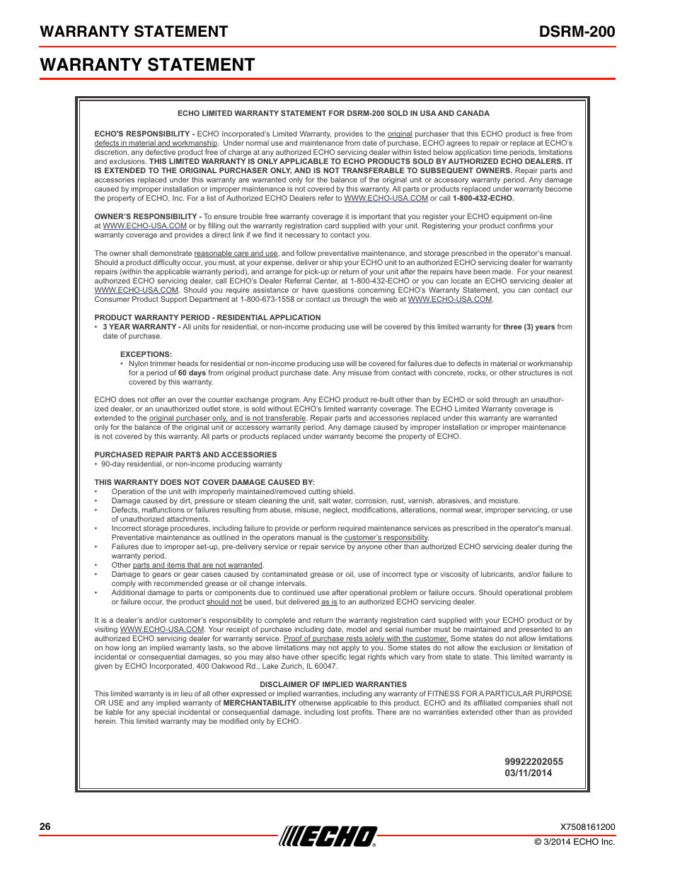 Warranty statement, Warranty statement dsrm-200 | Echo DSRM-200 User Manual | Page 26 / 28