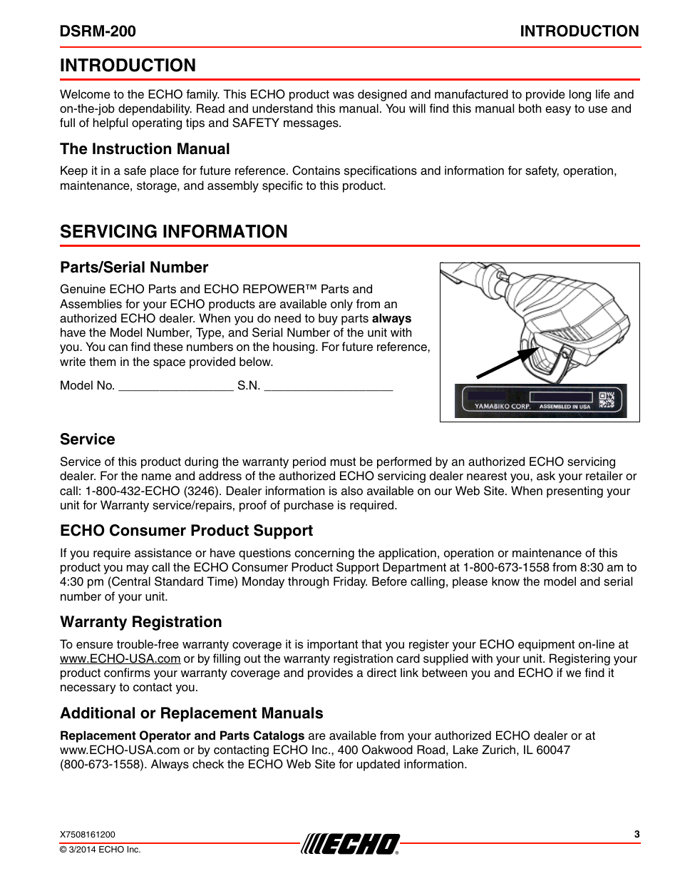 Introduction, The instruction manual, Servicing information | Parts/serial number, Service, Echo consumer product support, Warranty registration, Additional or replacement manuals | Echo DSRM-200 User Manual | Page 3 / 28
