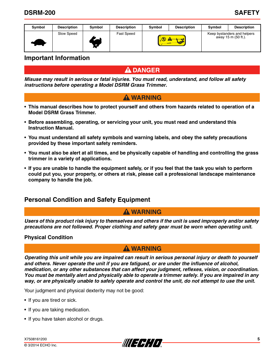 Important information, Personal condition and safety equipment, Physical condition | Dsrm-200 safety | Echo DSRM-200 User Manual | Page 5 / 28