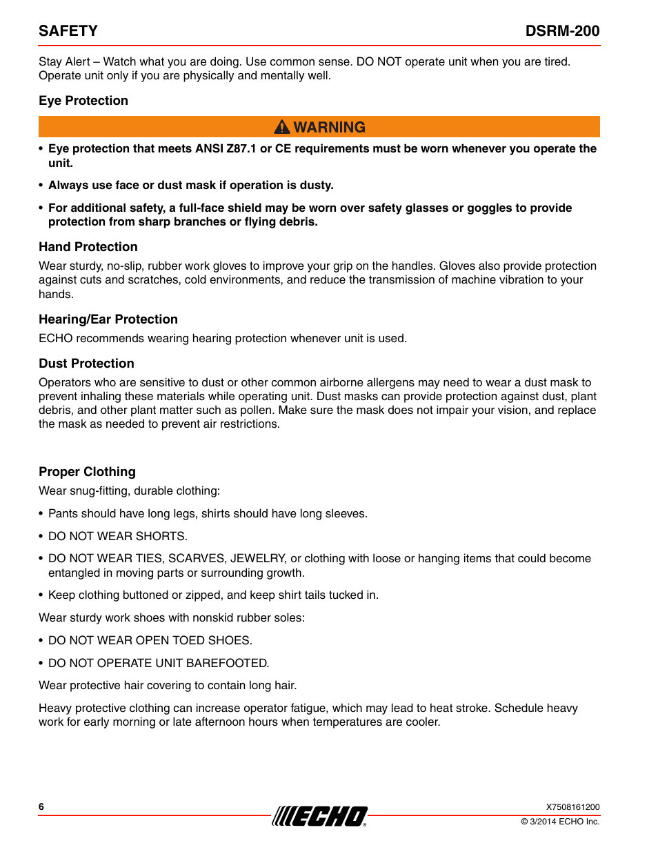 Eye protection, Hand protection, Hearing/ear protection | Dust protection, Proper clothing, Safety dsrm-200 | Echo DSRM-200 User Manual | Page 6 / 28