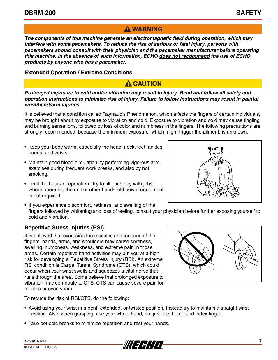 Extended operation / extreme conditions, Repetitive stress injuries (rsi), Dsrm-200 safety | Echo DSRM-200 User Manual | Page 7 / 28