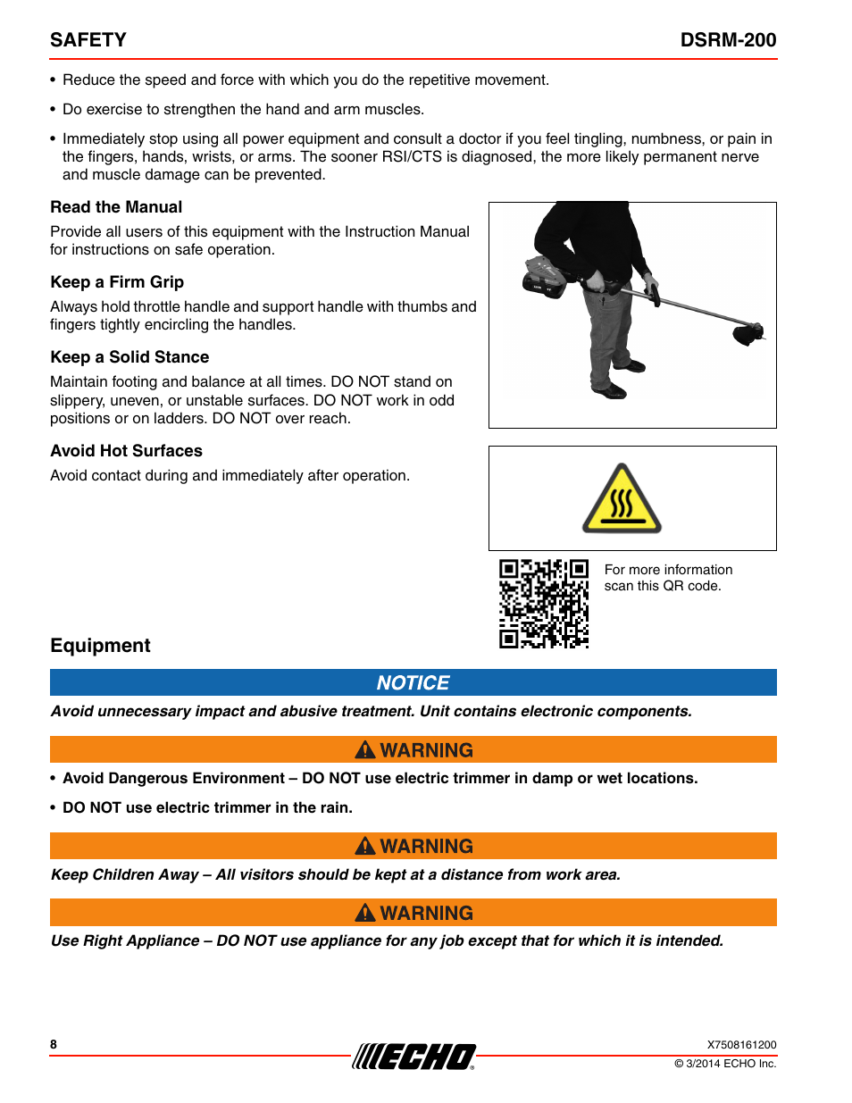 Read the manual, Keep a firm grip, Keep a solid stance | Avoid hot surfaces, Equipment, Safety dsrm-200 | Echo DSRM-200 User Manual | Page 8 / 28