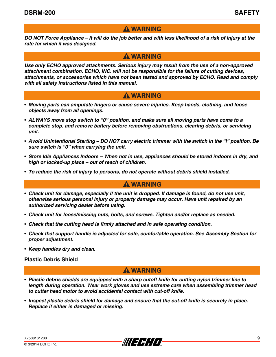 Plastic debris shield, Dsrm-200 safety | Echo DSRM-200 User Manual | Page 9 / 28