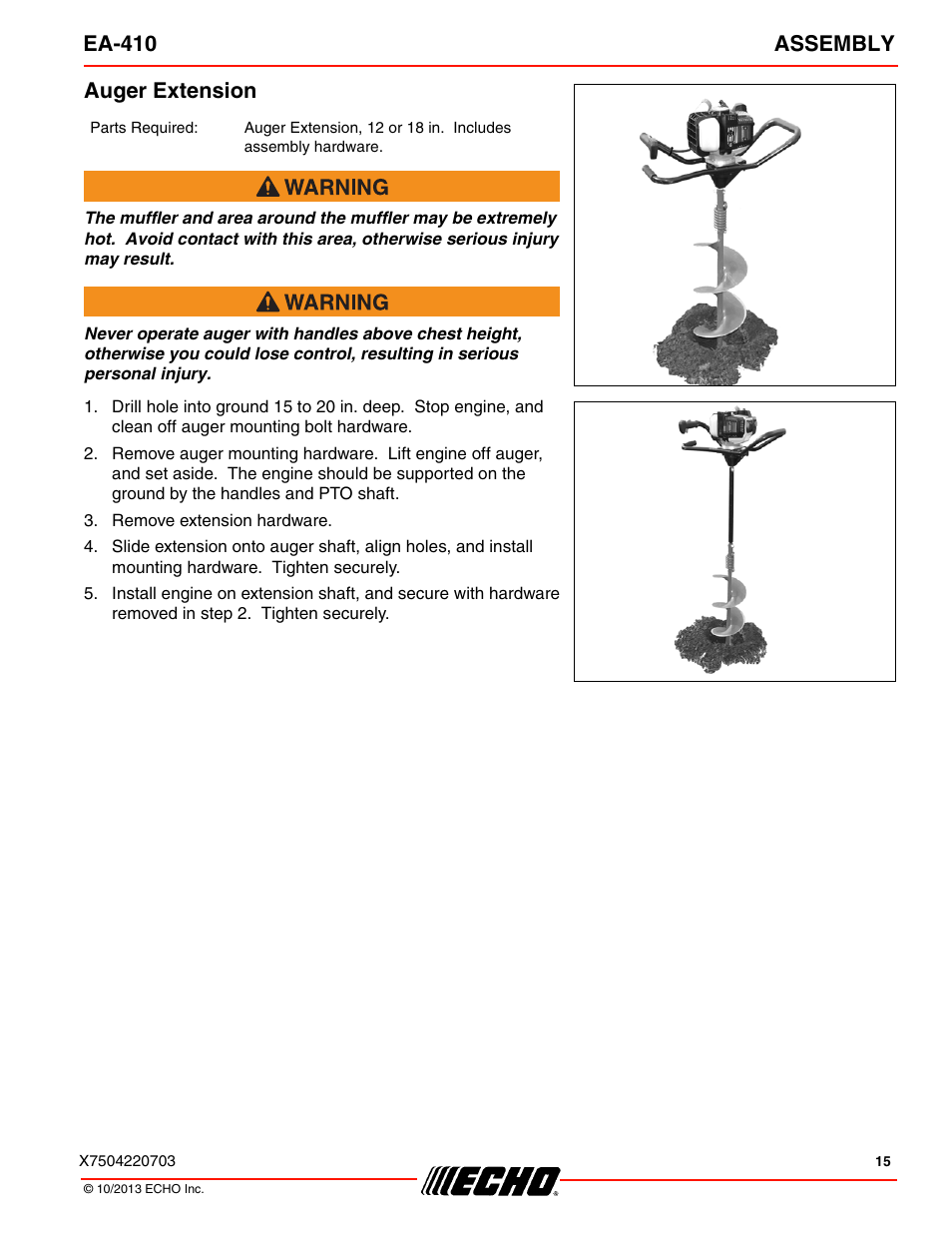 Auger extension, Ea-410 assembly | Echo EA-410 User Manual | Page 15 / 36