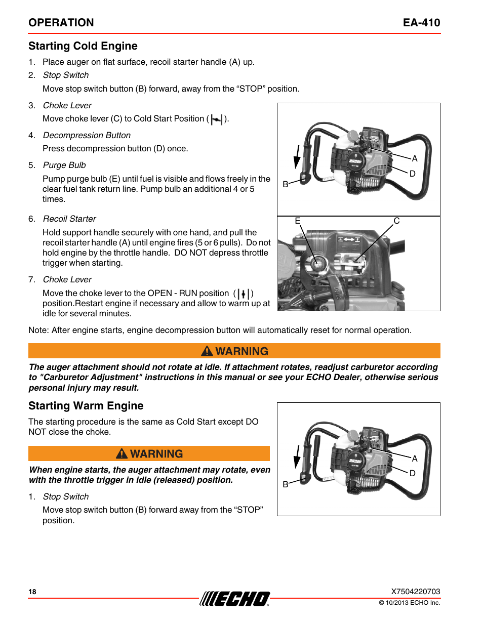 Starting cold engine starting warm engine, Operation ea-410 starting cold engine, Starting warm engine | Echo EA-410 User Manual | Page 18 / 36