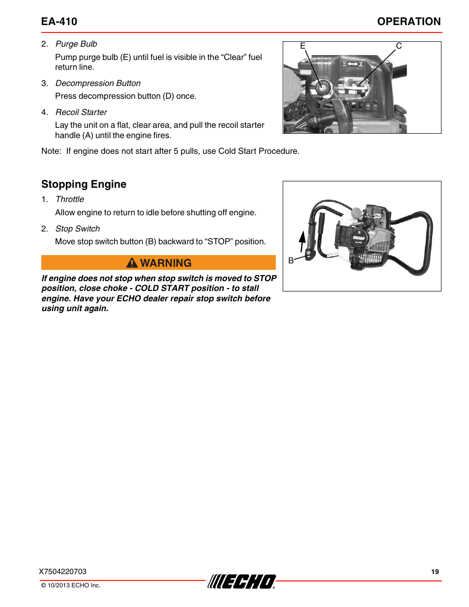 Stopping engine, Ea-410 operation | Echo EA-410 User Manual | Page 19 / 36