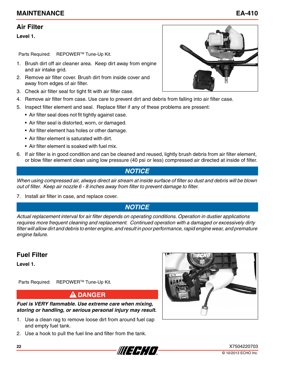 Air filter fuel filter, Maintenance ea-410 air filter, Fuel filter | Echo EA-410 User Manual | Page 22 / 36